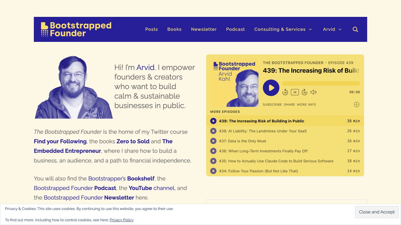 The Bootstrapped Founder: Arvid’s writing and interview business, captured 22 October 2026.