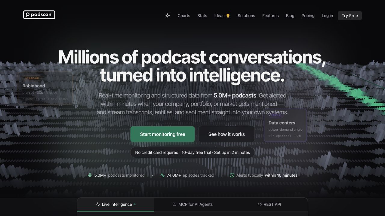 Podscan’s public homepage, captured 22 October 2026. The displayed feed is a product illustration, not a financial disclosure.