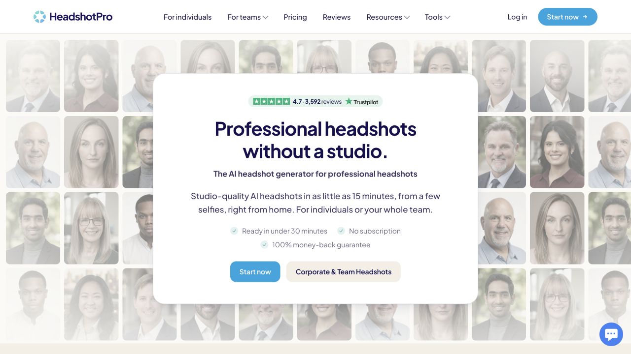 HeadshotPro’s homepage, captured 20 October 2026. The offer explicitly uses one-time payments.