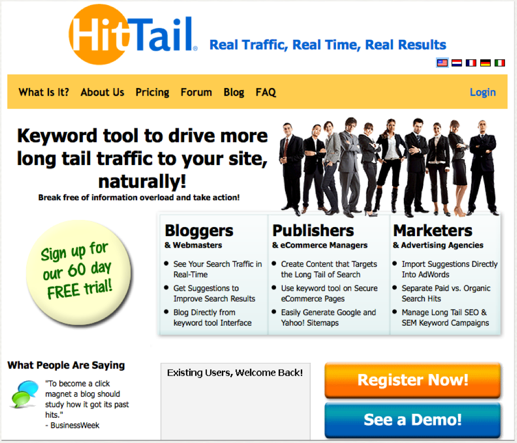 An older HitTail homepage preserved in the same retrospective.
