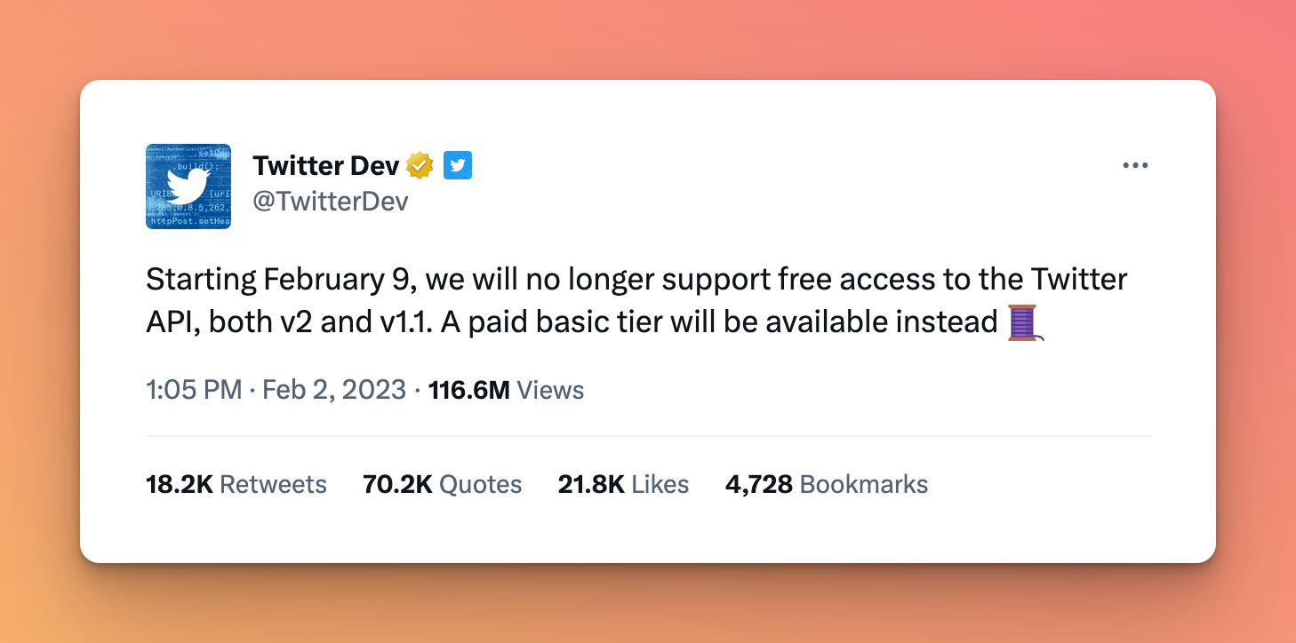Twitter’s API announcement reproduced in Tony’s June 2023 account.